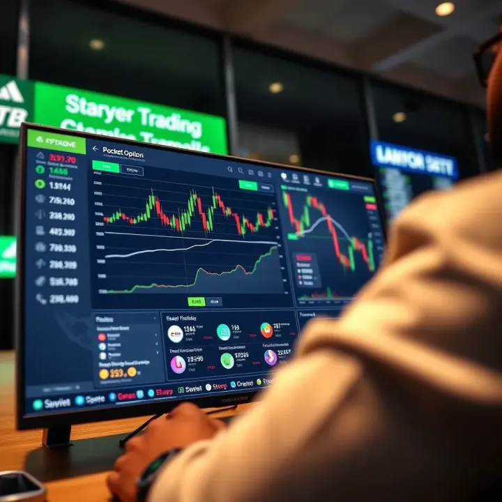 Screenshot of Pocket Option trading platform dashboard displaying charts and trading options