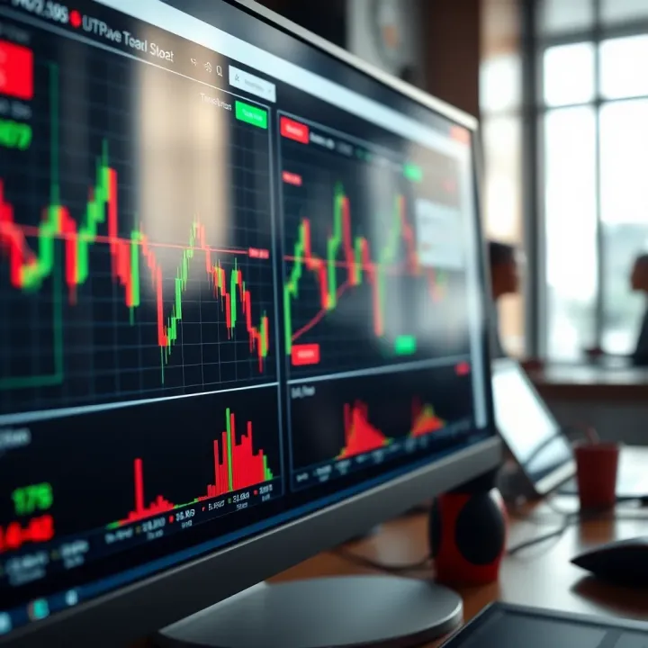 Digital interface showing binary options trading charts and market data on a computer screen