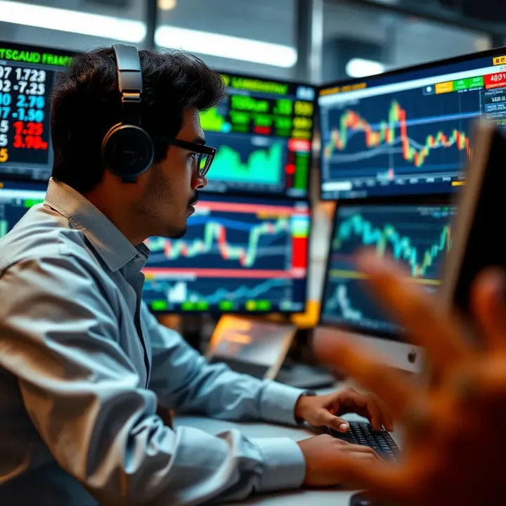 Illustration of a trader analyzing financial charts on multiple computer screens