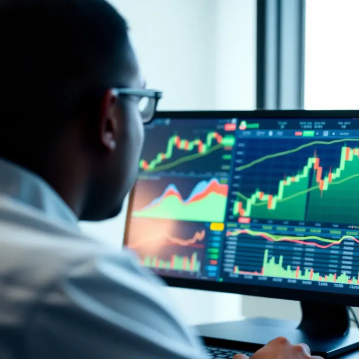 Digital screen showing trading charts and data analytics for online platform evaluation