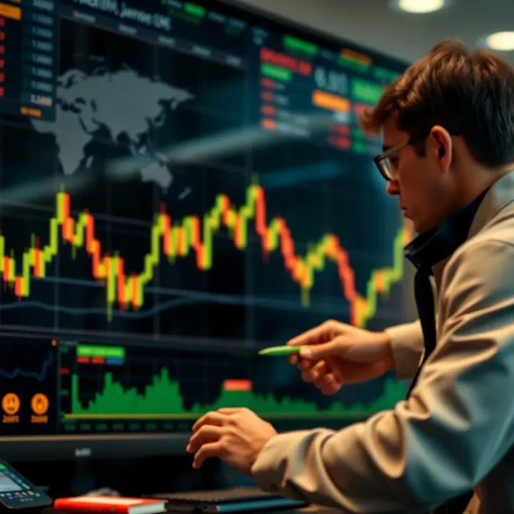 Graph showing stock market trends with upward growth and a trader analyzing data