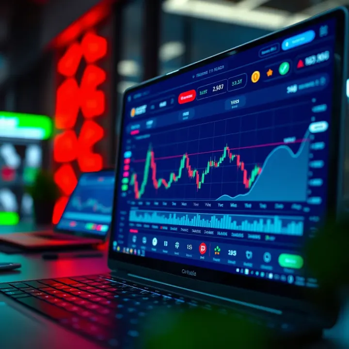 Illustration of a secure online trading platform interface displaying coin charts and regulatory icons