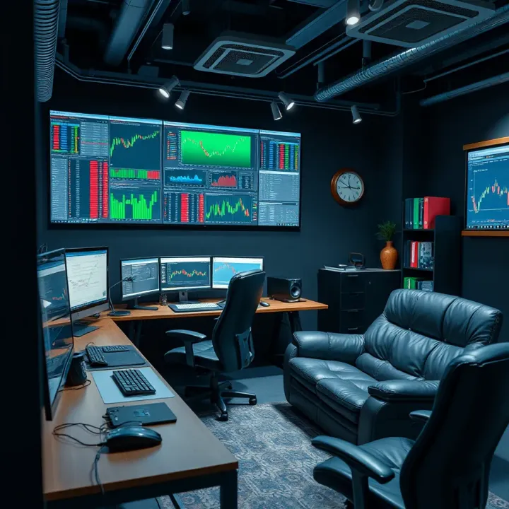 Secure and Efficient Trading Workspace with Stable Power and Ergonomic Design Illustration of a secure and organized trading workspace with reliable power supply and ergonomic furniture