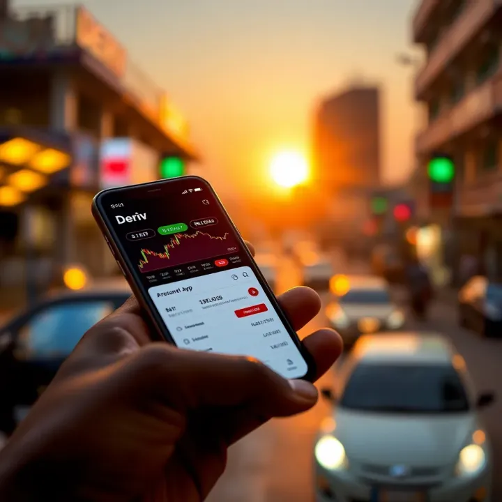Smartphone displaying Deriv app dashboard with trading charts and account settings