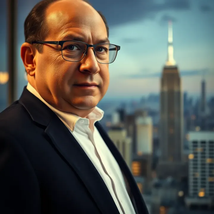 Portrait of Steve Cohen with a city skyline background symbolizing financial markets