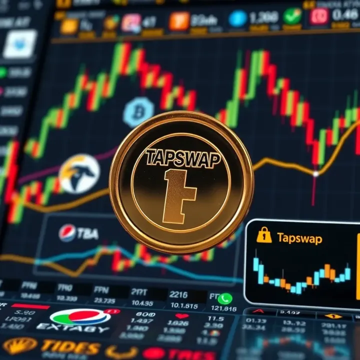 Digital representation of Tapswap cryptocurrency token surrounded by trading charts and exchange logos