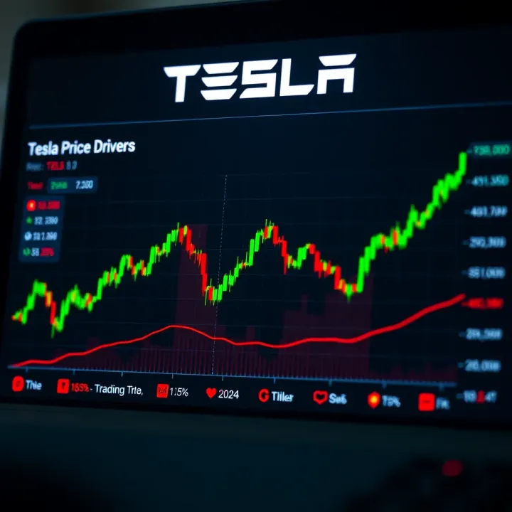 Graph showing fluctuations in Tesla stock prices over time with market trend indicators