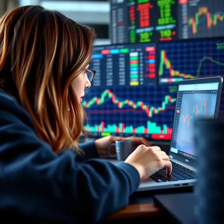 Female forex trader analyzing charts on a laptop with financial data on screen