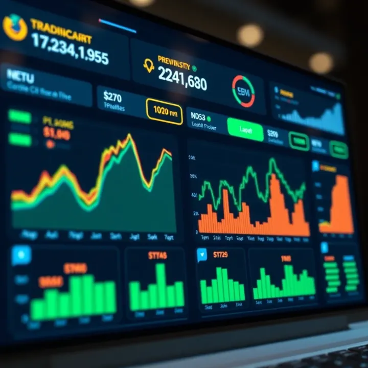 Digital dashboard displaying trading performance metrics and rewards progress