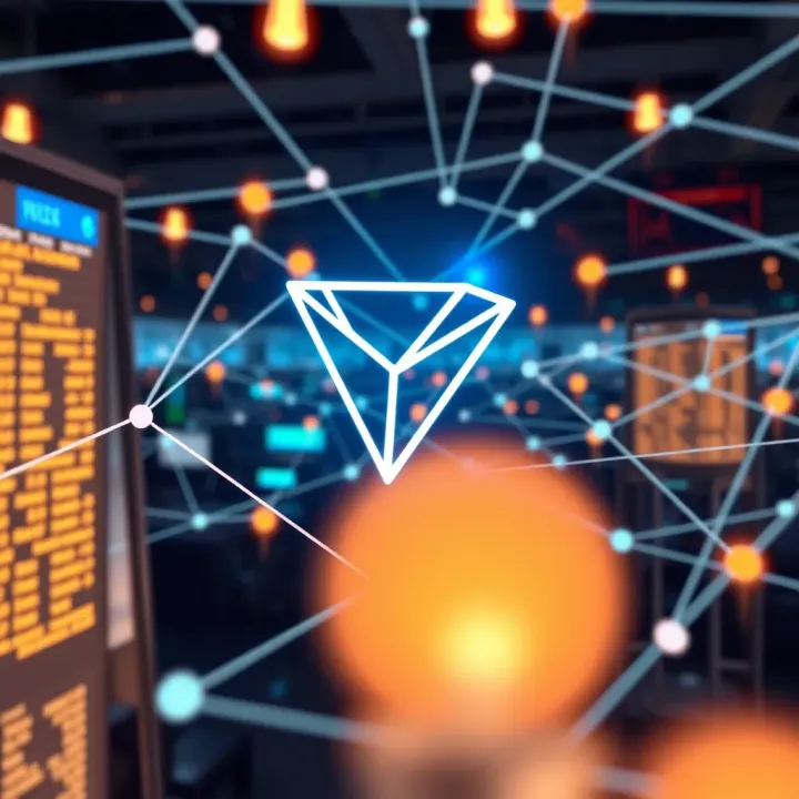 Futuristic digital network connected to Tron logo symbolizing blockchain and market potential
