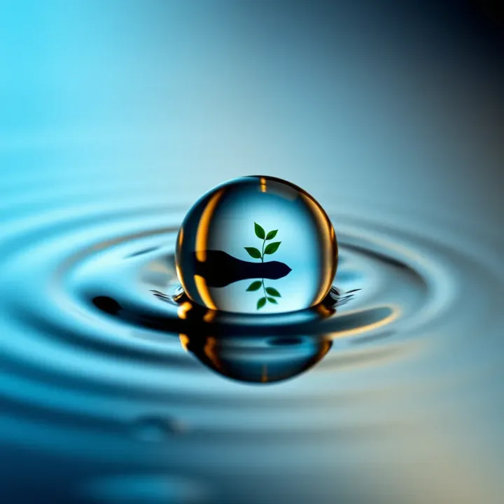 Close-up of a clear water droplet reflecting a sustainable environment concept