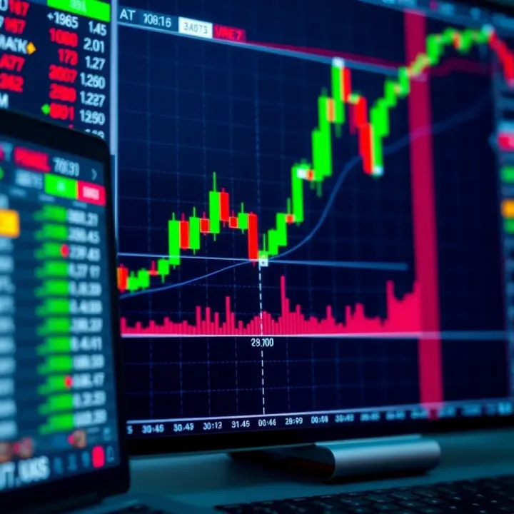 Chart showing upward and downward trends in trading with digital interface