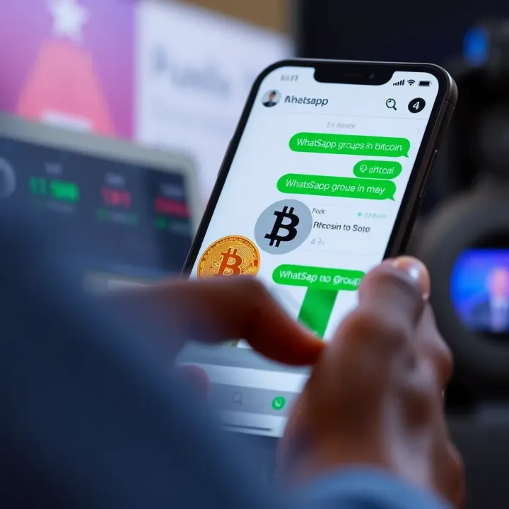 Illustration of a smartphone screen displaying WhatsApp group chat with Bitcoin symbols and Nigerian flag icons