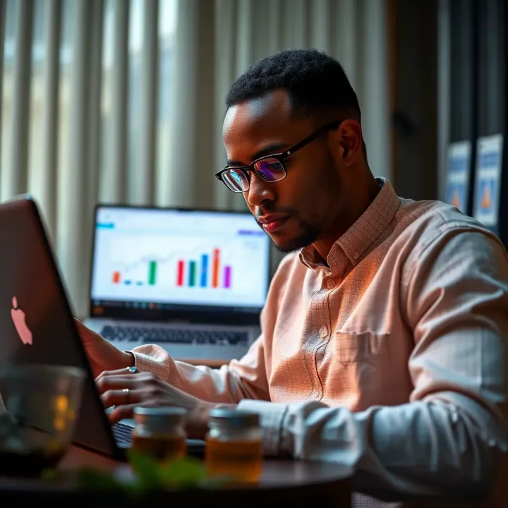 Illustration of a Nigerian investor analyzing market trends on a laptop with graphs and data insights