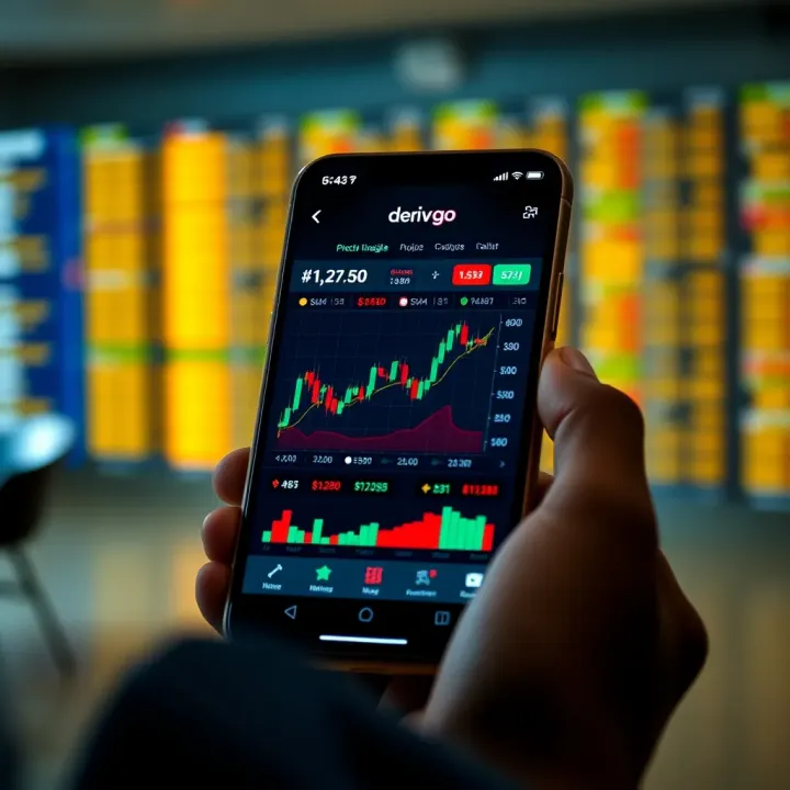 Mobile phone displaying Deriv Go trading interface with financial charts and market data