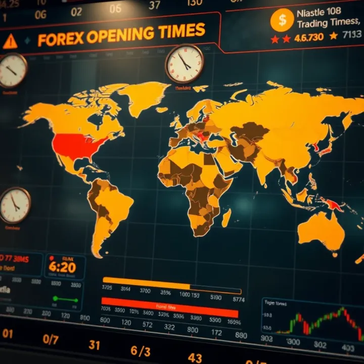 World map highlighting different forex market opening times with clocks showing various global time zones