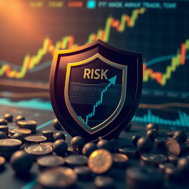 Illustration of risk management concepts with charts and protective shield symbolizing secure trading