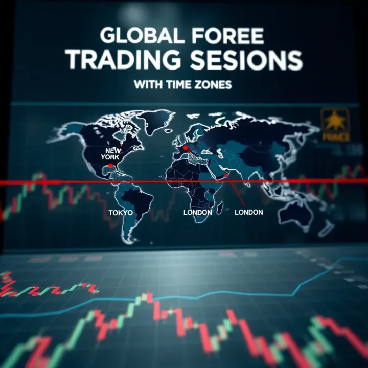 World map highlighting Tokyo, London, and New York forex trading session time zones