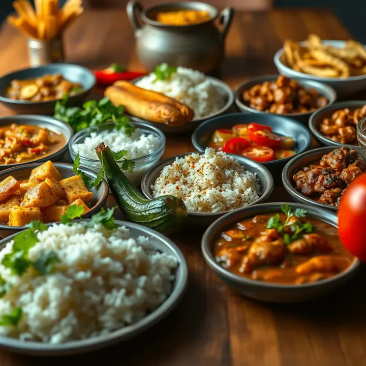 A vibrant spread of typical Nigerian daily combo meals with rice, stew, plantains, and salad on a wooden table