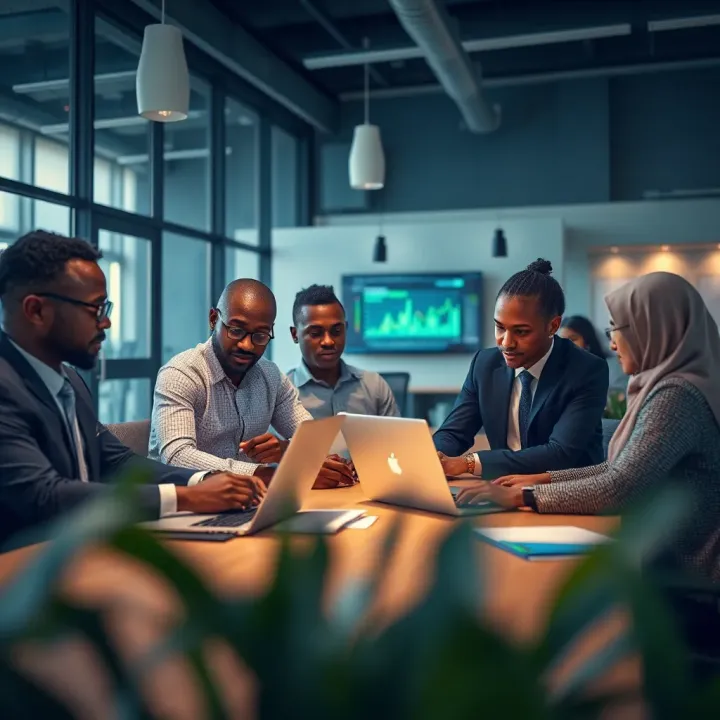 A group of business professionals discussing growth strategies in a modern office setting with laptops and charts