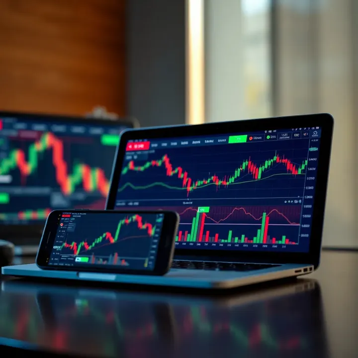 Trading Platforms on Mobile and Desktop Devices Mobile phone and laptop displaying stock market graphs and forex charts