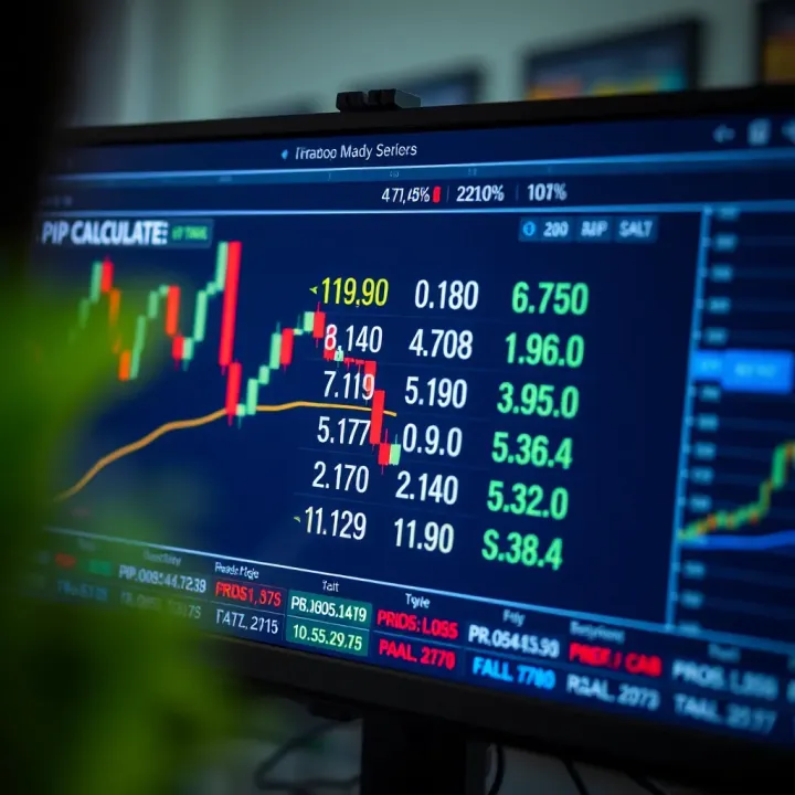 Forex trading platform screen showing pip value calculations for currency pairs
