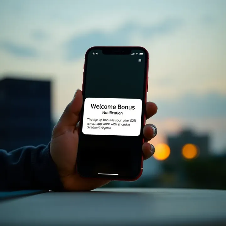 Digital illustration of a smartphone displaying a welcome bonus notification for online sign-up on a Nigerian financial app