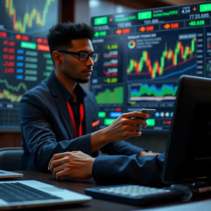 Trader using digital tools and charts to analyze market trends for trading decisions