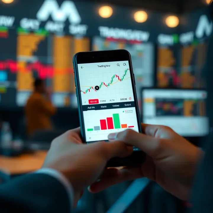 Mobile device displaying TradingView social network and charting features for traders