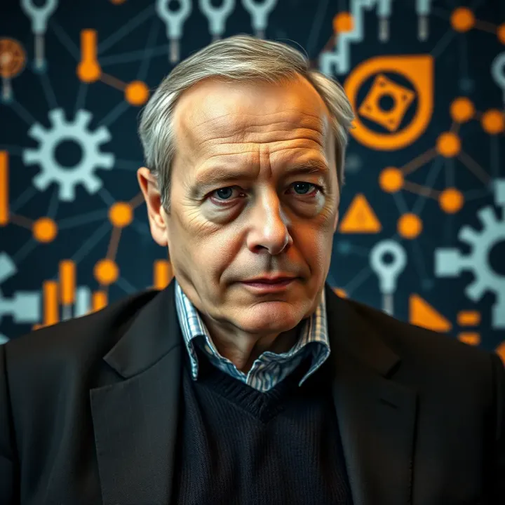Portrait of Viktor Radchenko with a background of technological and innovative symbols