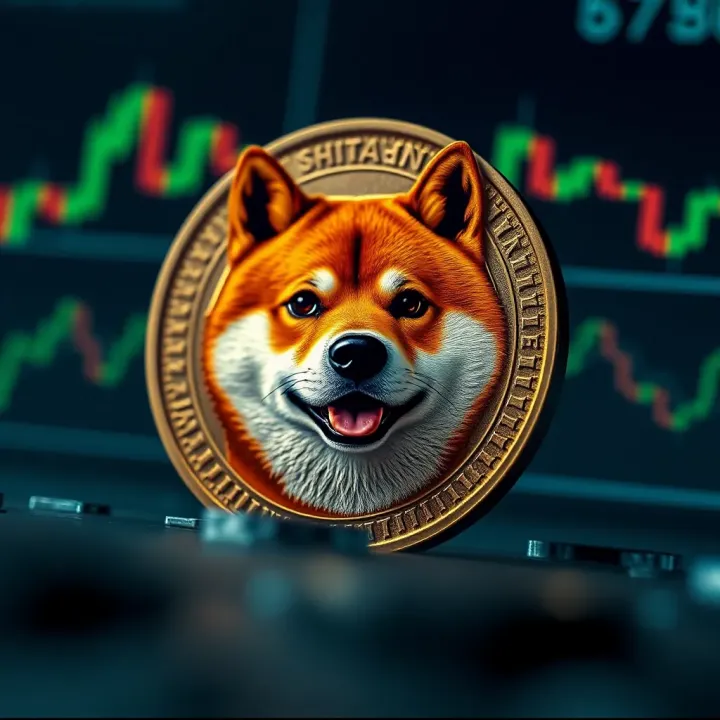 Digital representation of Shiba Inu coin with market trend lines in the background