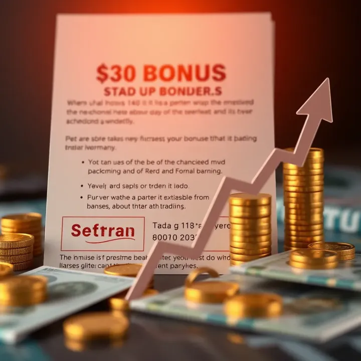 Graphic showing bonus promotional details alongside currency symbols and upward arrow