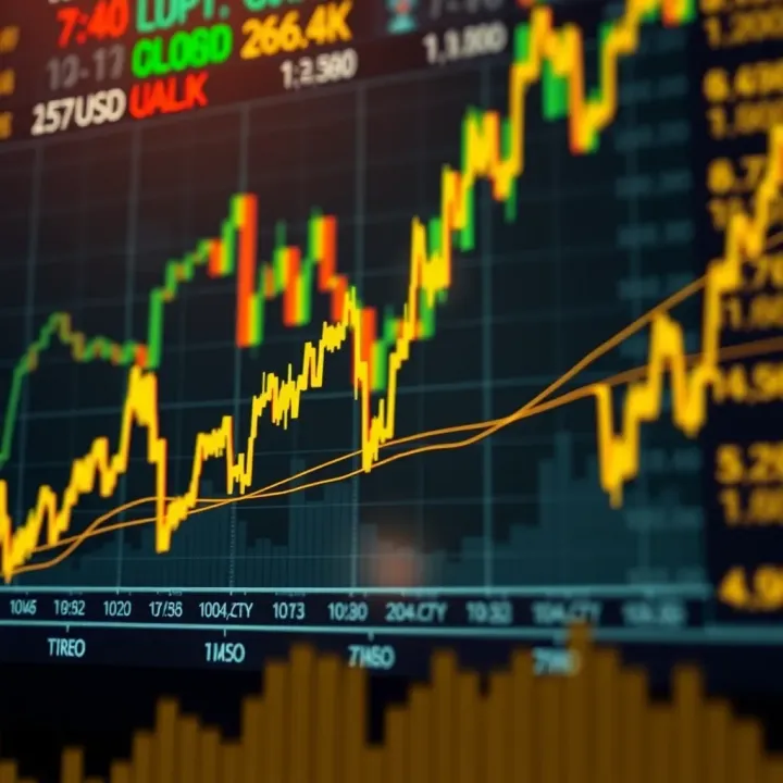 Graph showing fluctuating gold prices against the US dollar with economic indicators background