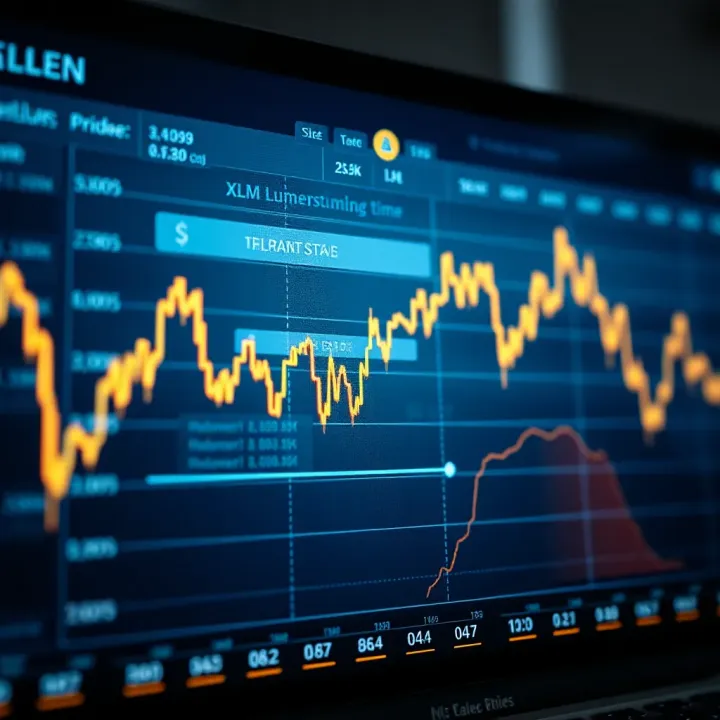 Graph showing upward and downward trends of Stellar Lumens cryptocurrency price on a digital interface